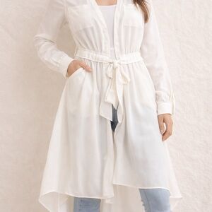 Guess by Marciano White Sheer Duster Shirt Dress Tie Waist High-Low M